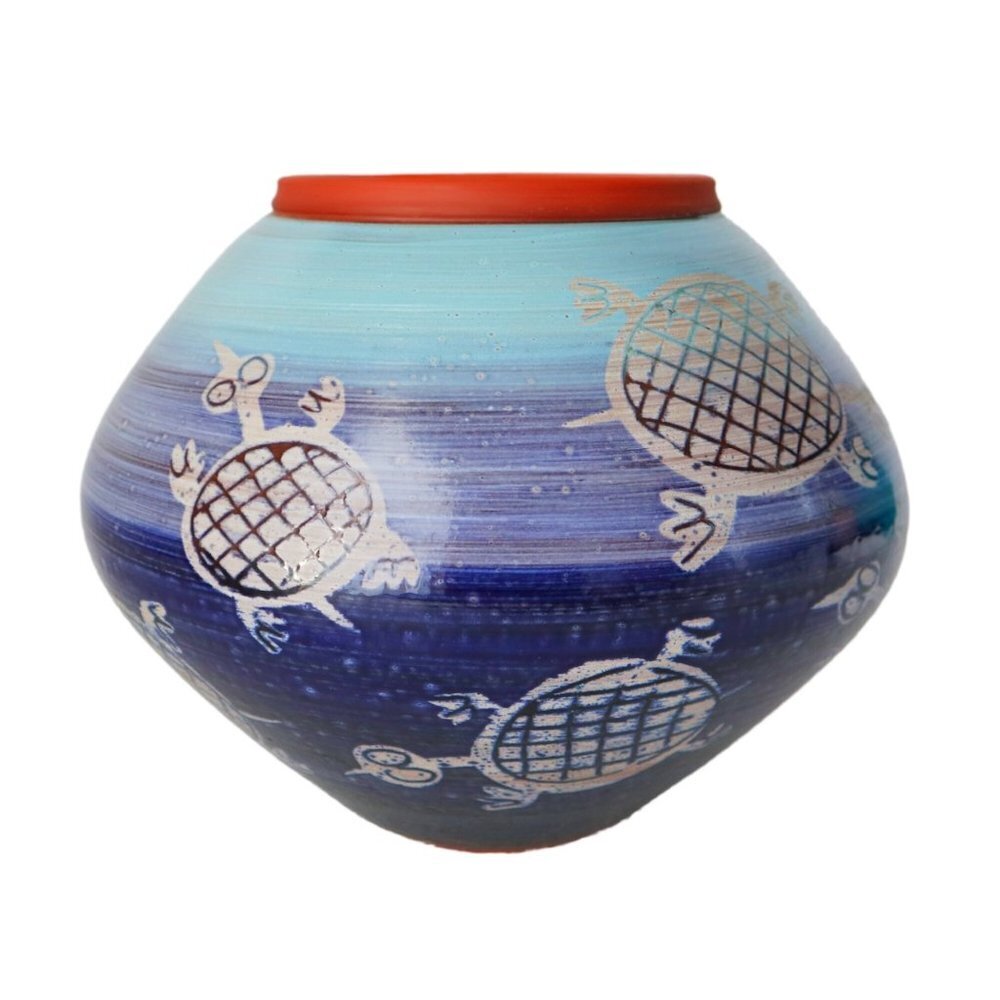 Vintage Art Pottery Terracotta Turtle Pot Vase Hand Painted